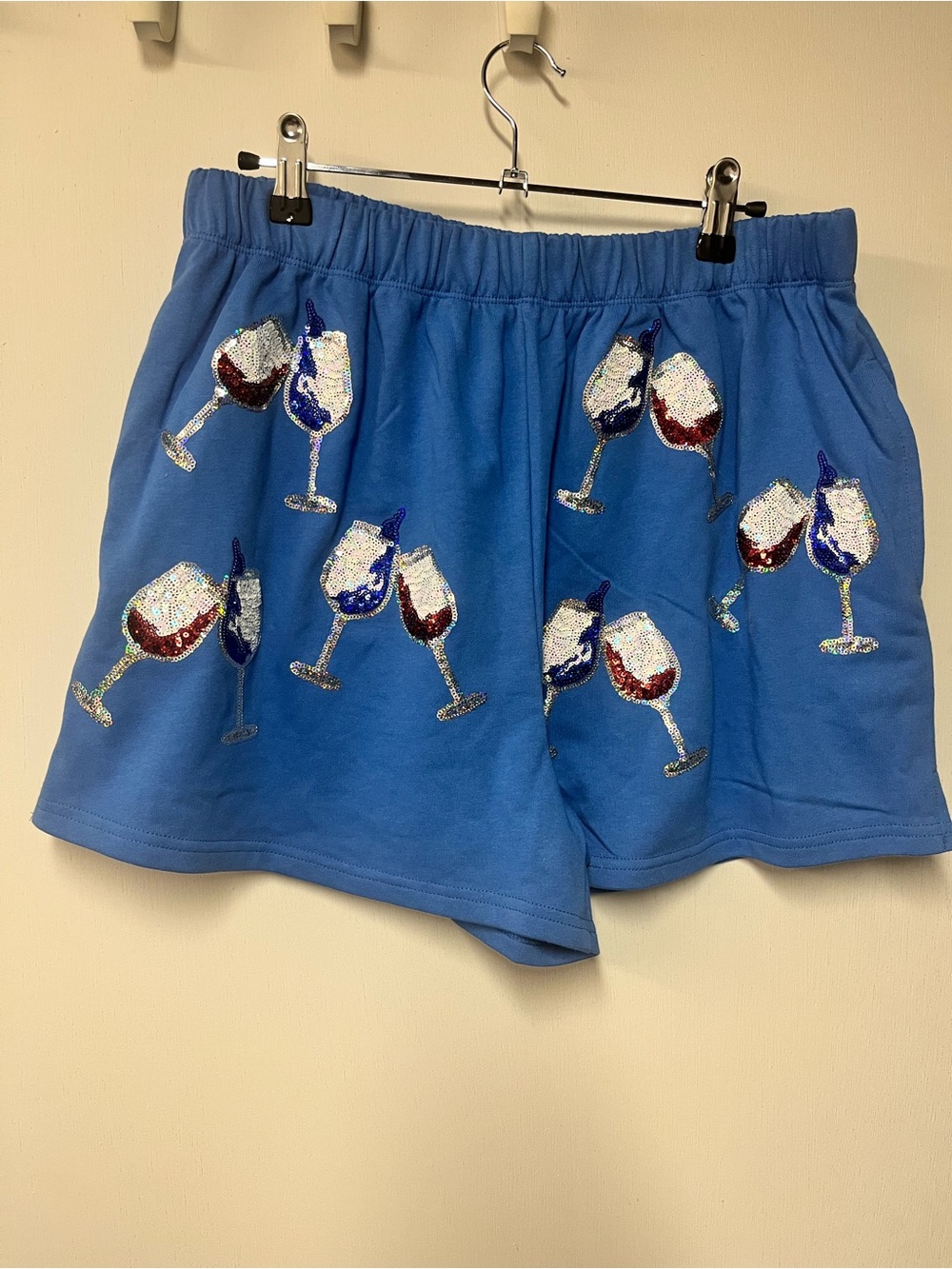 Peach Love Sequin Wine Glass Patriotic Shorts Blue Pull On Shorts Size L